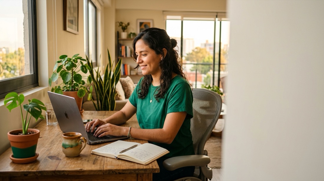 Freelancer trabajando tranquila con su laptop